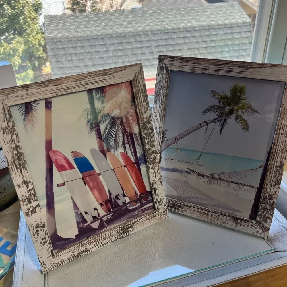 2 Framed Canvas Beach Photos & Rustic Distressed Photo Frame Set of 2 #DCYC